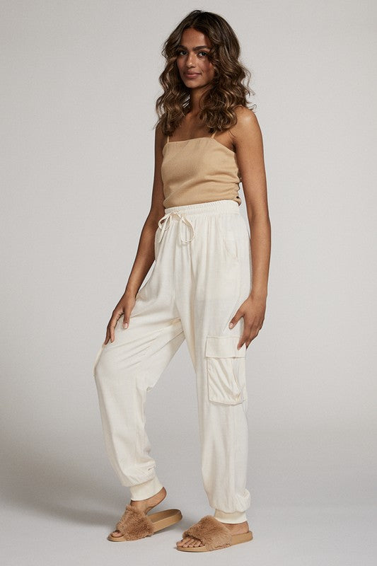 Textured satin cargo pants See size chart under “more details”