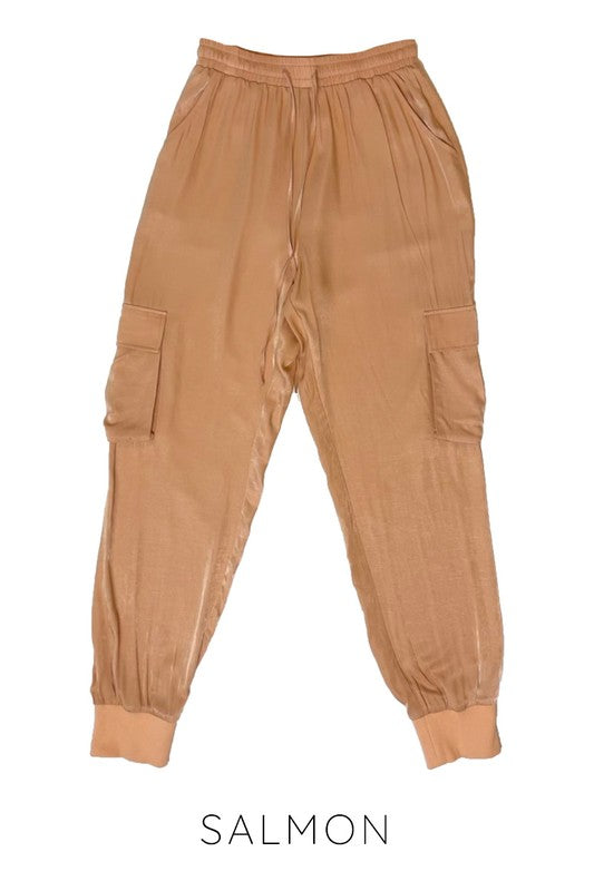 Textured satin cargo pants See size chart under “more details”
