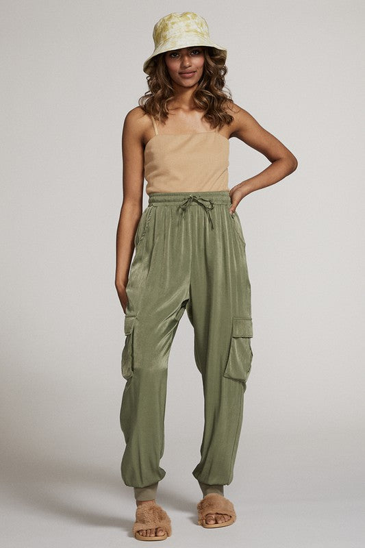 Textured satin cargo pants See size chart under “more details”
