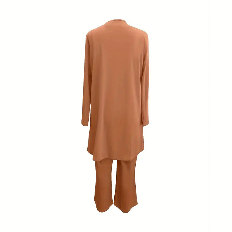 Conjunto informal de 3 piezas de talla grande para mujer, cárdigan abierto, chaleco sin mangas, pantalones, conjunto de salón de color liso
