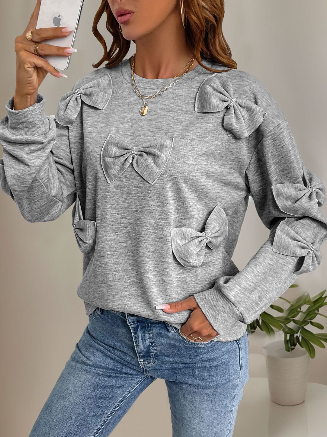 Sudadera Perfee de cuello redondo con lazo y manga larga