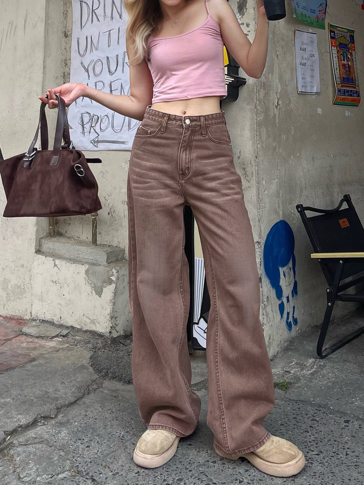 Non Elastic Wide Leg Three Dimensional Cat Beard Denim Candy Color Brown Colored Trousers