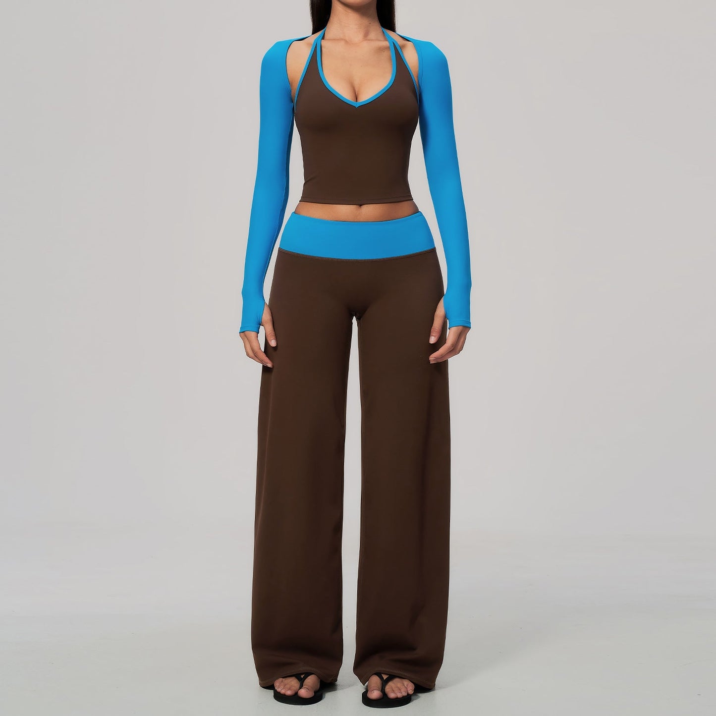 High-Waisted Tummy-Control Long-Sleeve Blouse Yoga Three-Piece Set