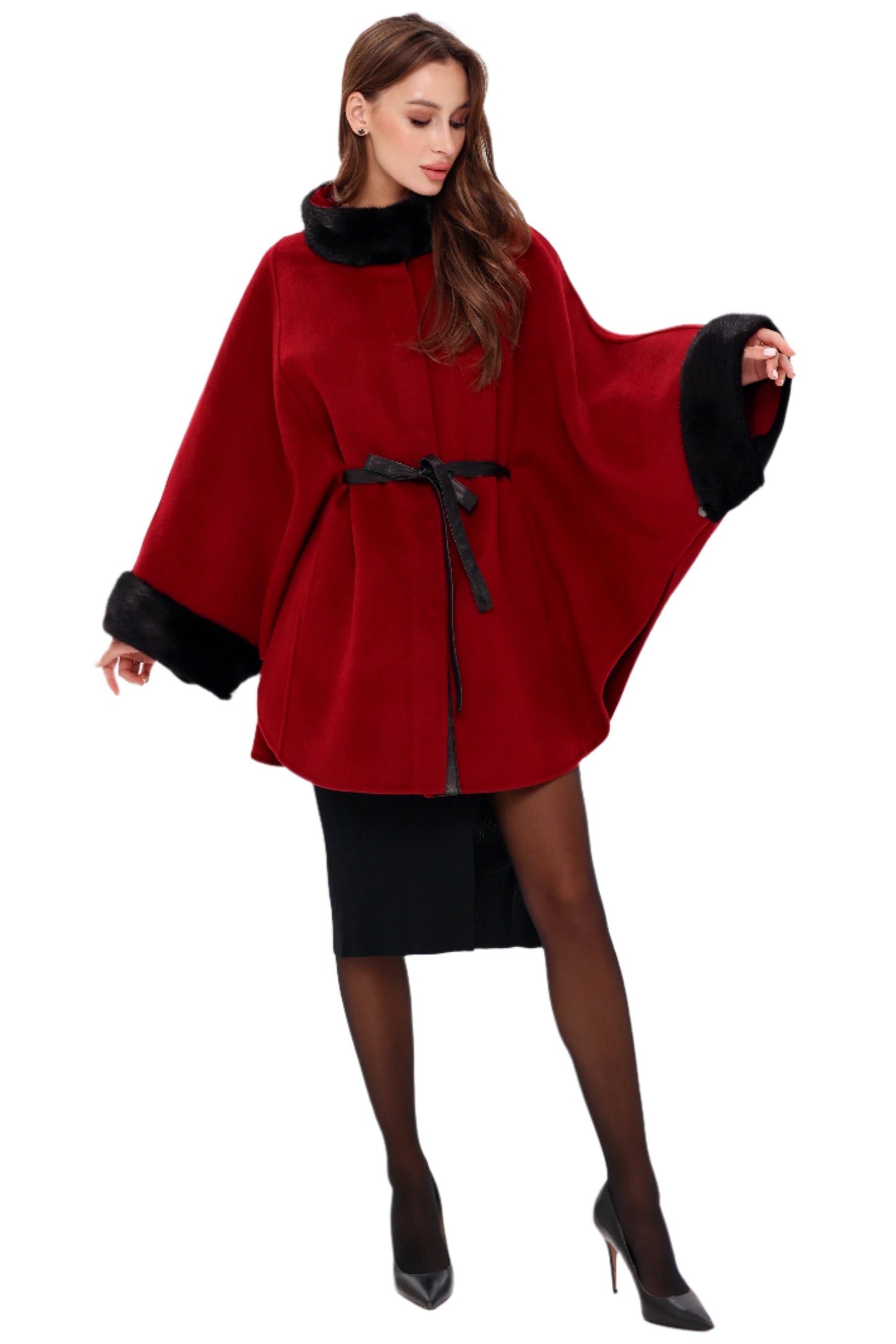 Poncho de lana de doble cara con piel de visón escandinavo auténtico