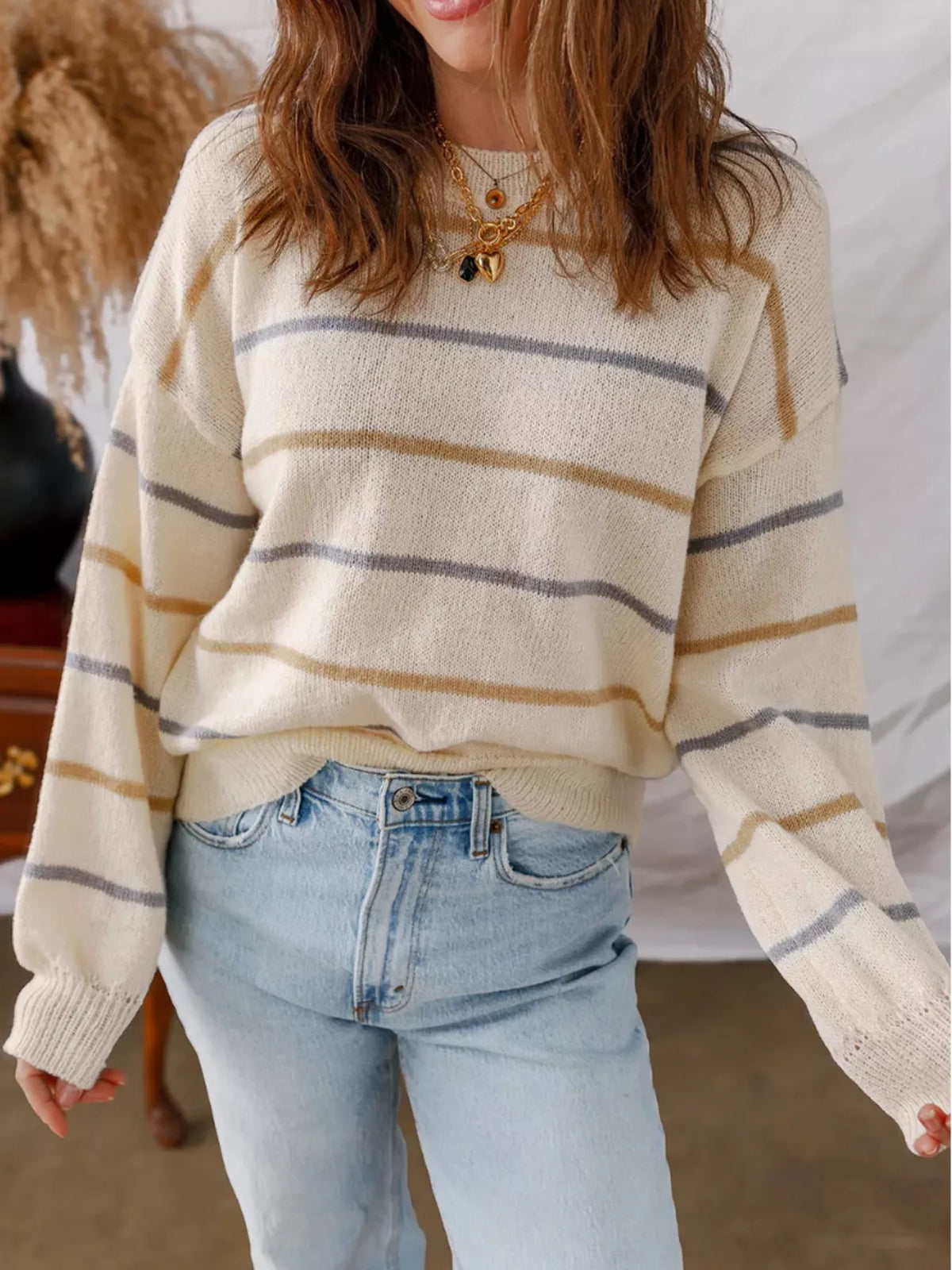 Striped Round Neck Drop Shoulder Sweater