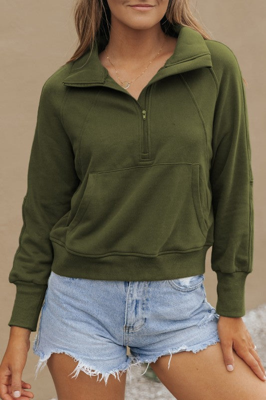 Sudadera de cuello medio con cremallera y forro polar liso