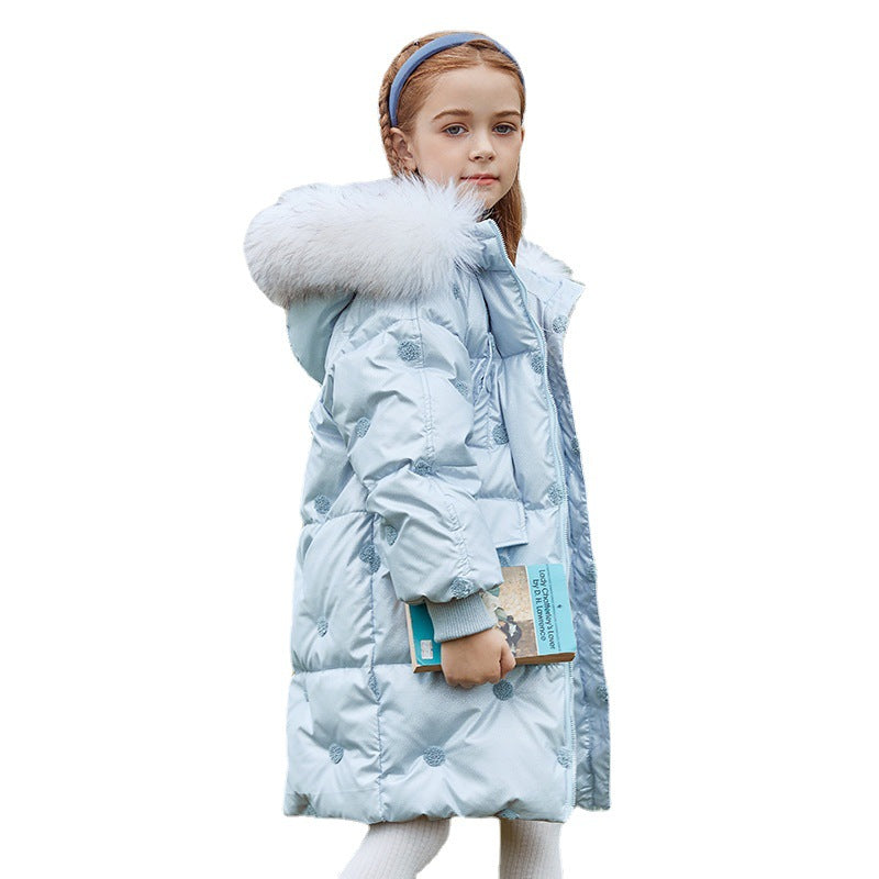 Children's Thickened Korean Large Fur Collar Medium Length Down Jacket