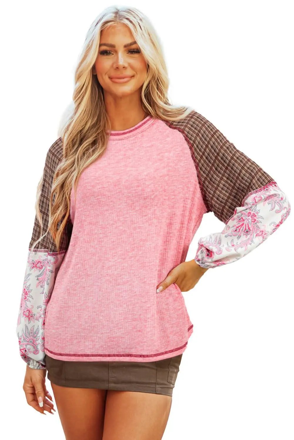 Sweaters Love Salve Fushia Patchwork Top Women's Casual Knit Top: Ribbed & Raglan