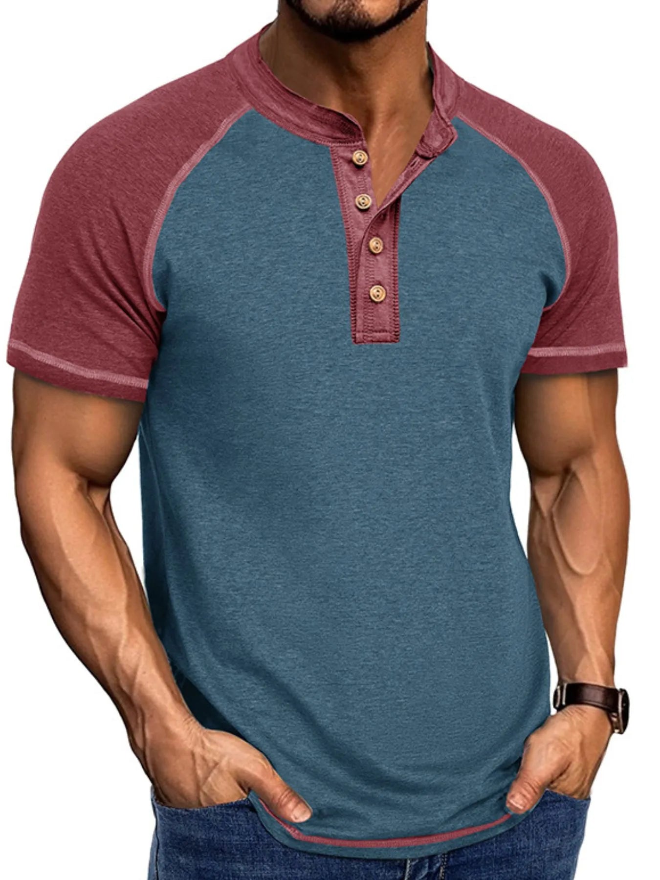 Camiseta Henley Raglán para Hombre con Bloques de Color