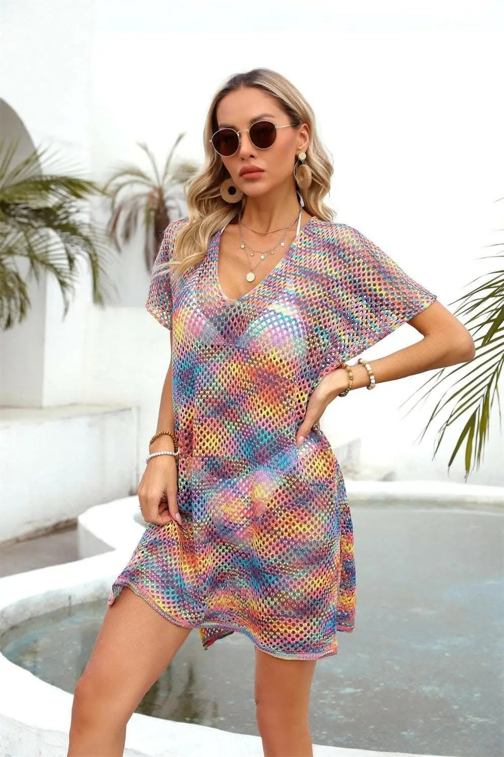 T-Shirts Trendsi swimwear - Openwork sheer cover-up with contrast detailing