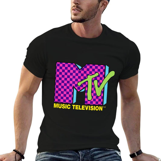 MTV Music Television Retro 80's Neon Pink Checkerboard Logo Comfortable T-Shirt