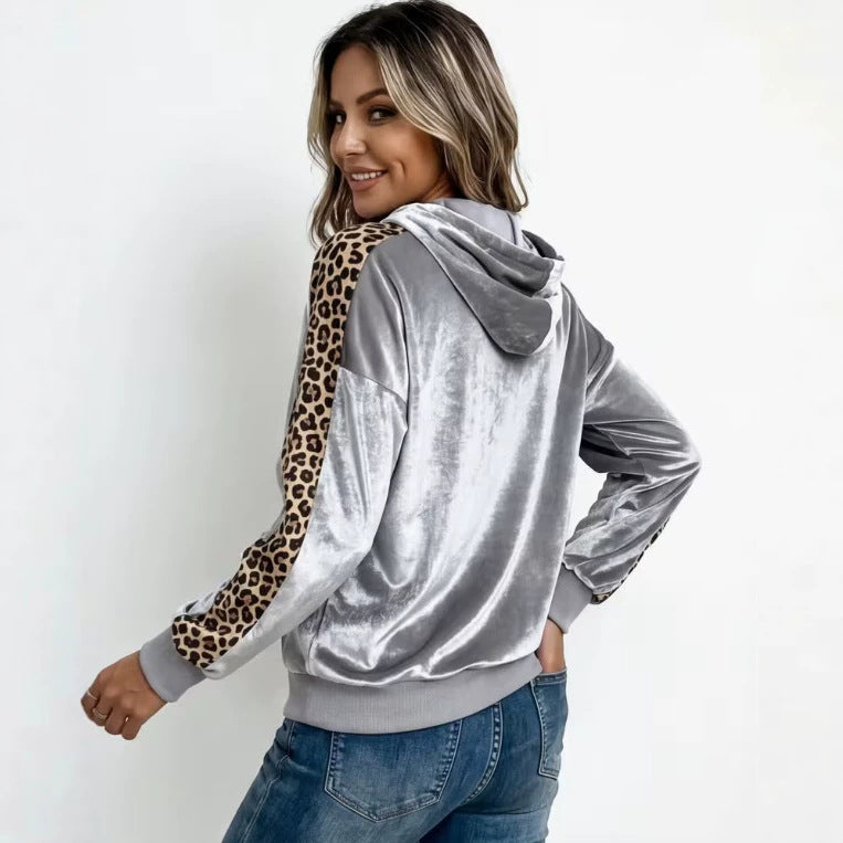 Velvet Leopard-print Hooded Sweatshirt Jacket