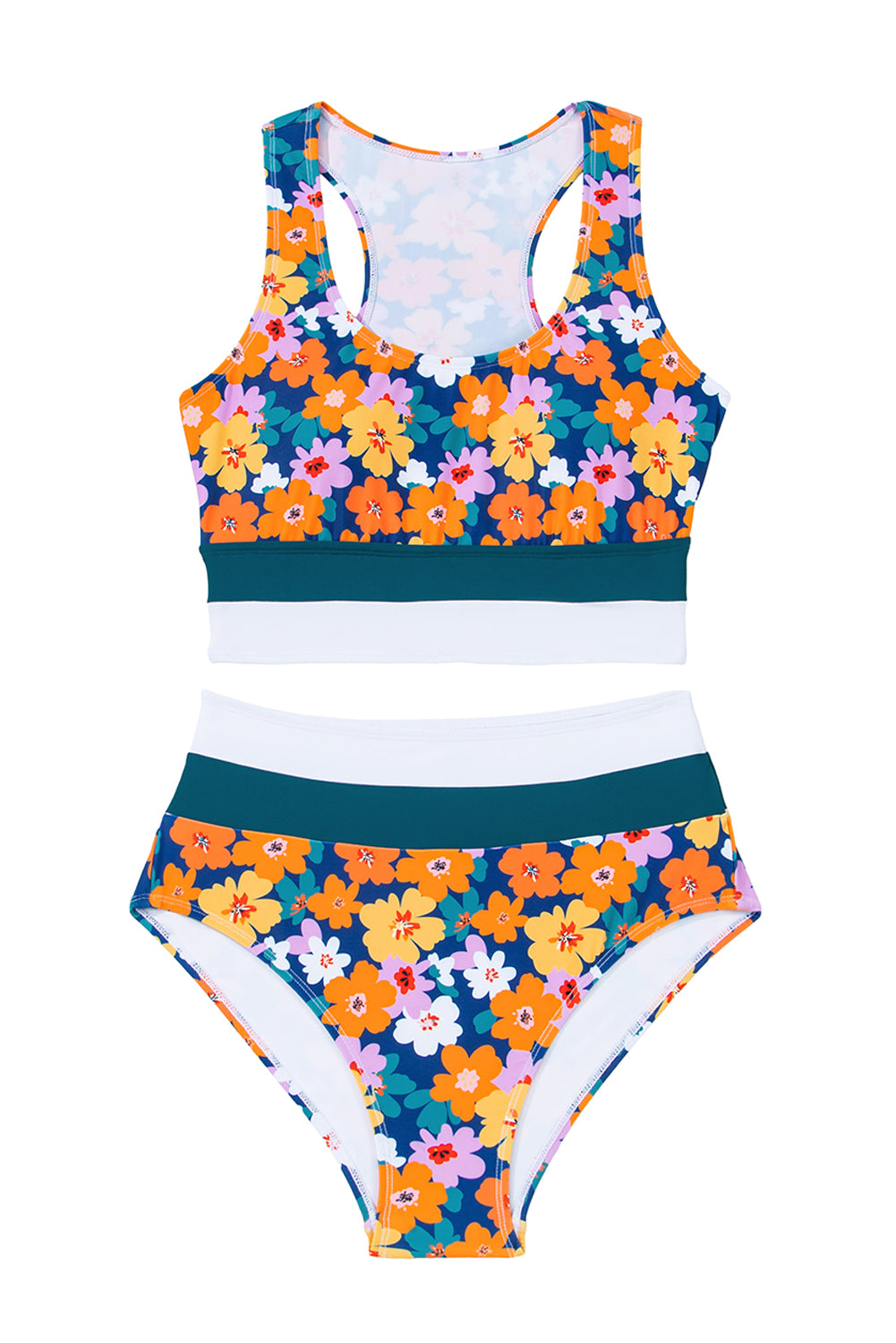 Bikini de Traje de Baño de Cintura Alta con Espalda Cruzada y Estampado Floral Verde