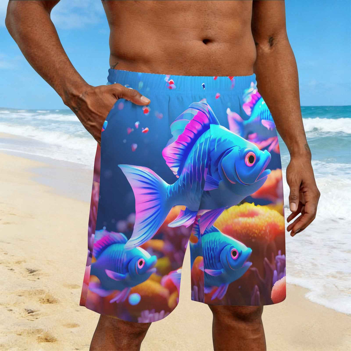 Blue Neon Fish Men's All Over Print Elastic Beach Shorts