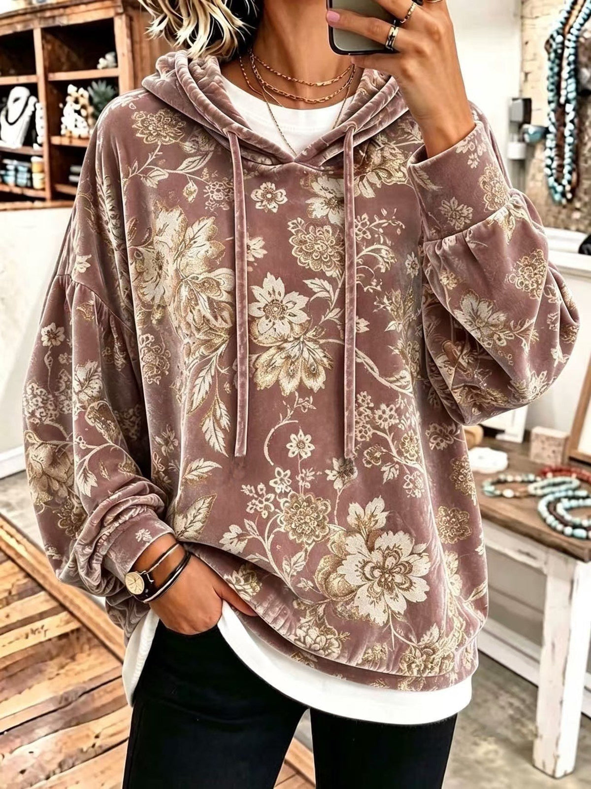 Women's Velvet Hooded Floral Sweatshirt Loose-fitting Long-sleeve Top