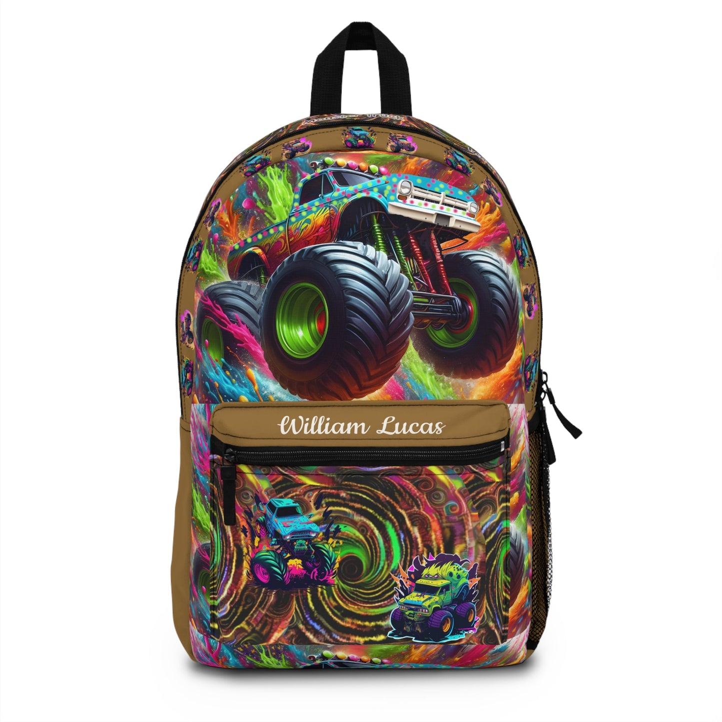 Monster Truck Backpack — Personalized  Name Kids School Bag with Neon Swirl Design