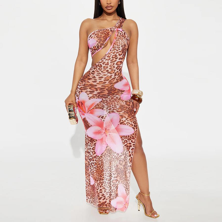 Vestido de mujer con cuello diagonal, calado, con aberturas, transparente de malla y estampado floral.