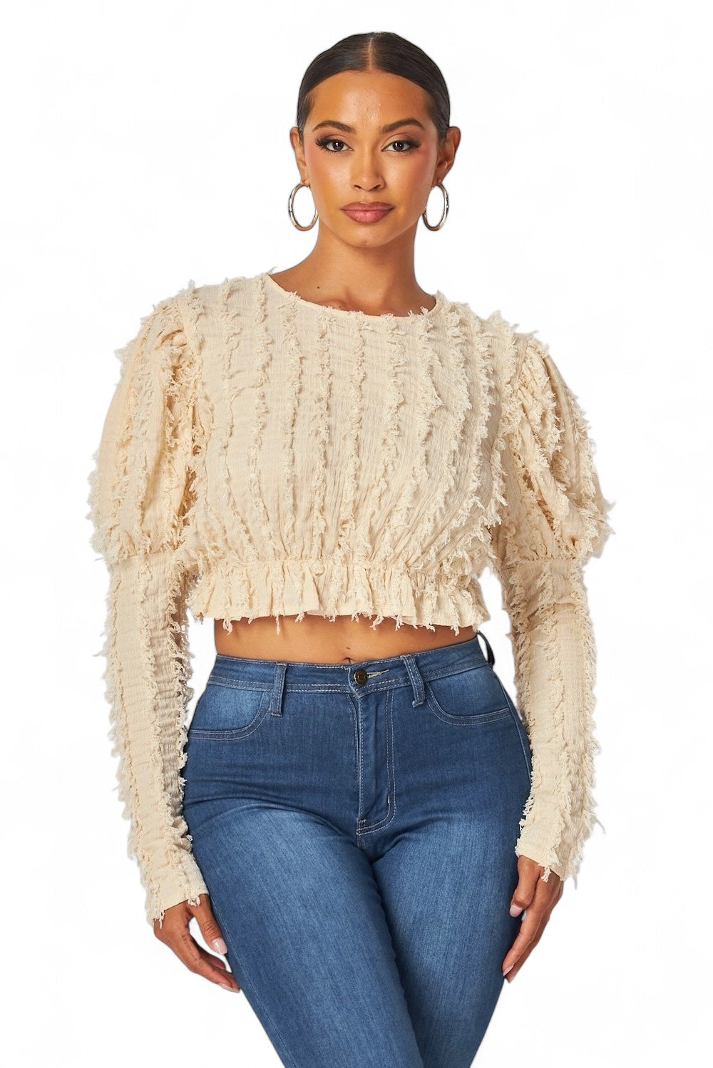 Top corto peplum Alexandria Puff de manga larga y peludo