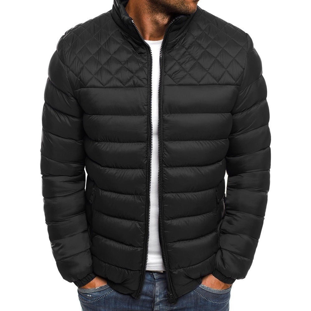 Chaqueta de invierno para hombre, color liso, cuello alto, diseño de costura de rombos, abrigo informal de negocios