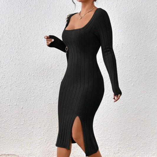 Vestido de punto de manga larga con cuello cuadrado para mujer