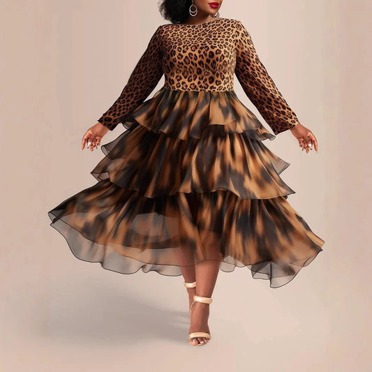 Elegante Vestido con Estampado de Leopardo y Mangas Largas Talla Grande