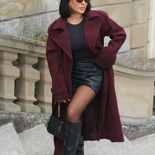 Abrigo de lana con solapa y cinturón, cruzado, gabardina larga de invierno para mujer