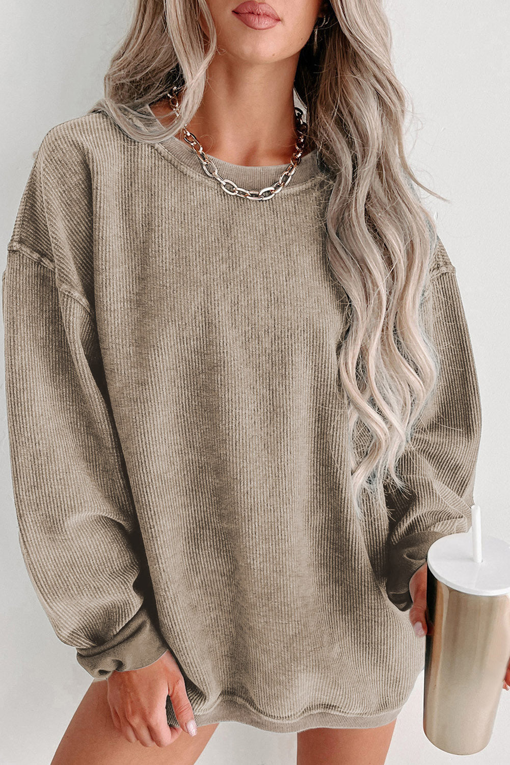 Sudadera Rosa Sólida de Punto Acanalado y Cuello Redondo