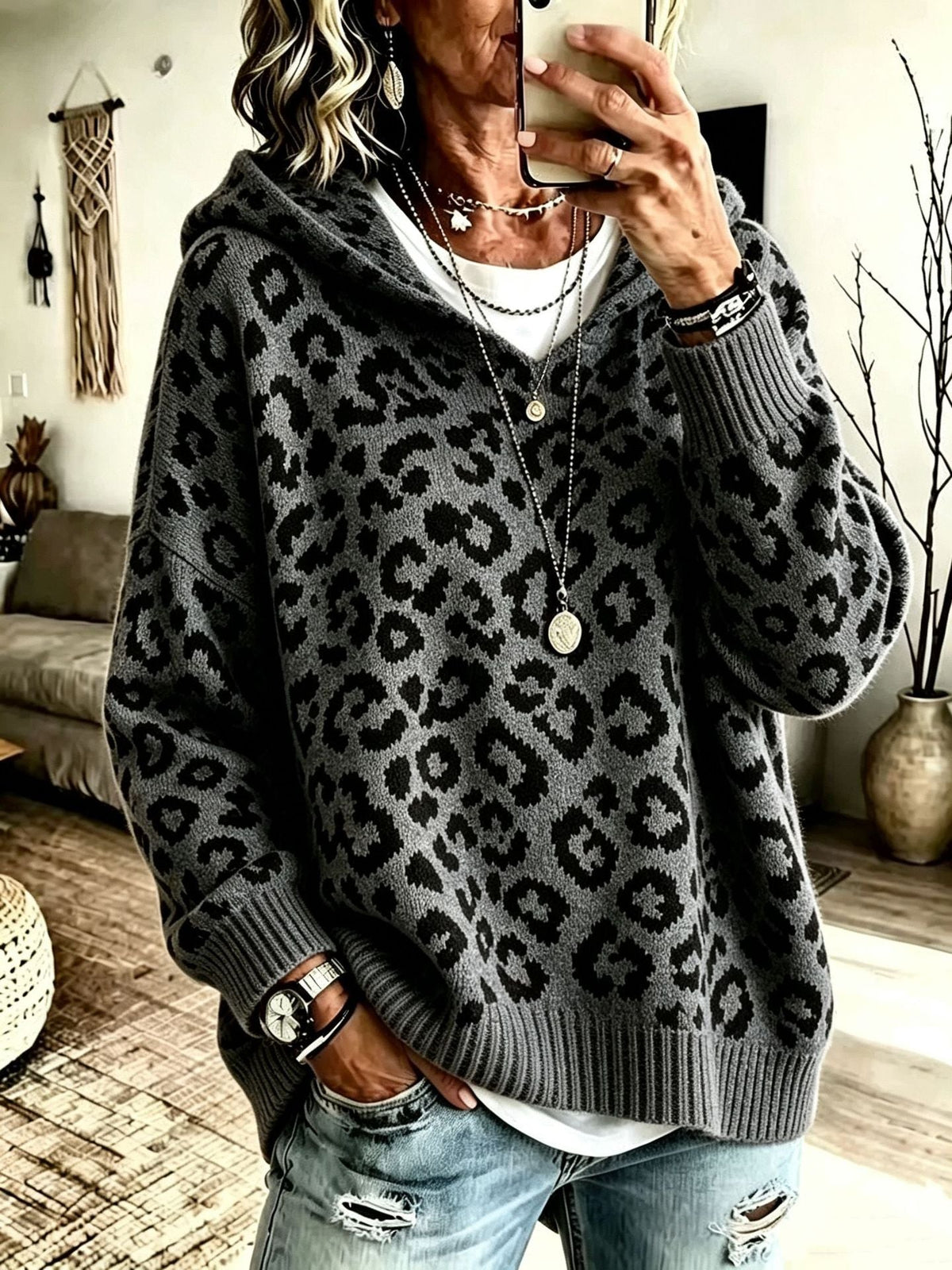 New Fallwinter Womens Leopard-print Hooded Knit Sweatshirt