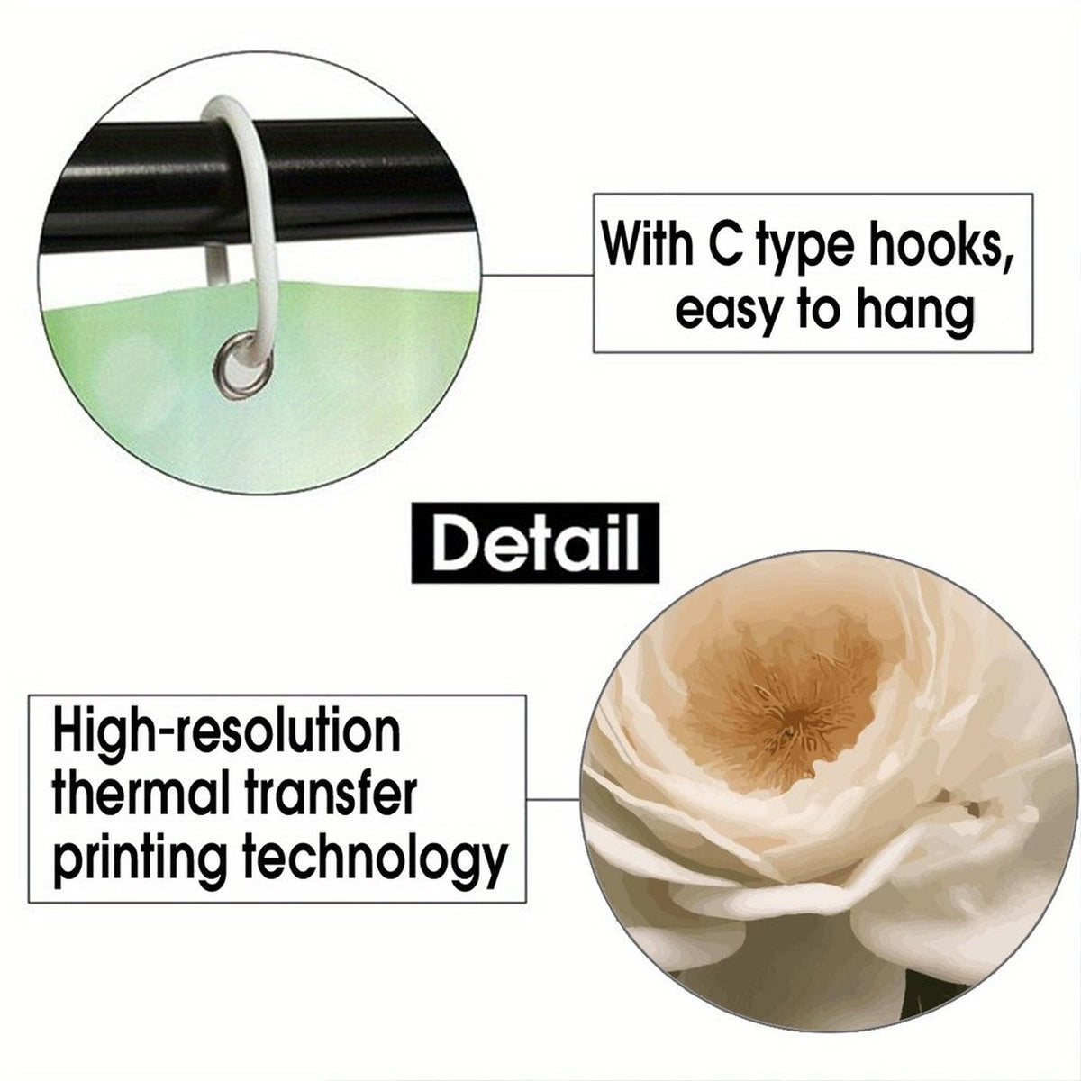 White Rose Waterproof Polyester Shower Curtain
