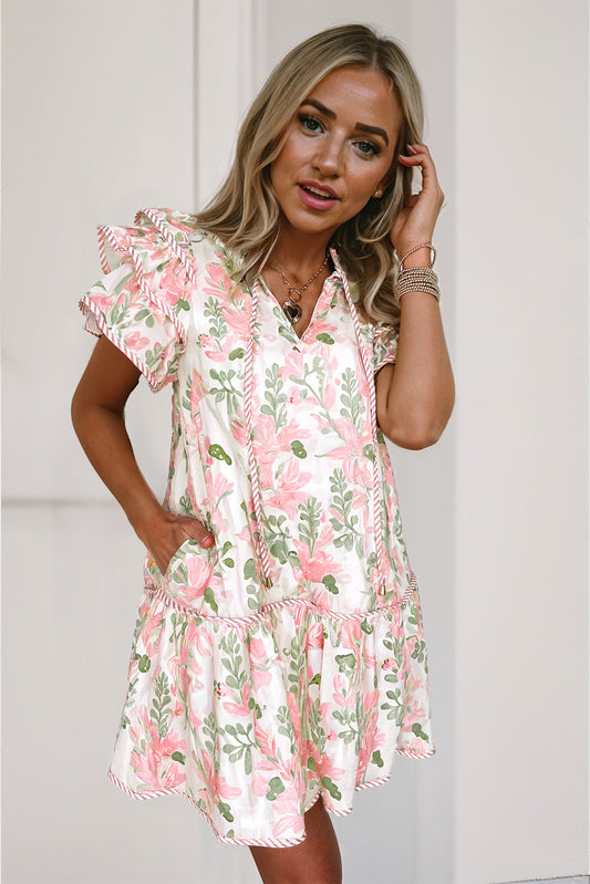 Minivestido Rosa Floral con Borde Contraste y Manga Corta Superpuesta
