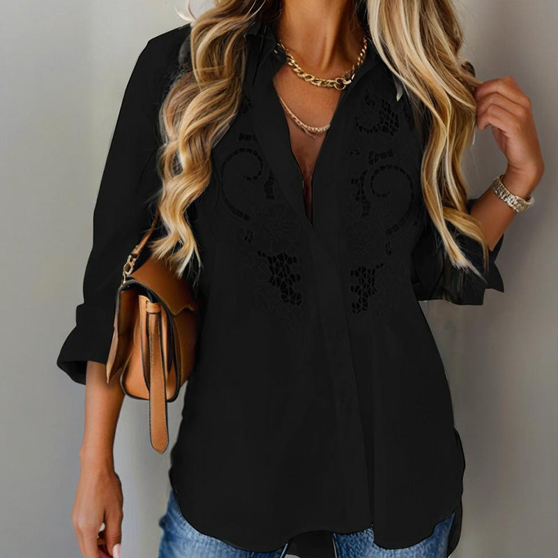 Blusa de mujer de manga larga con botones y encaje en contraste