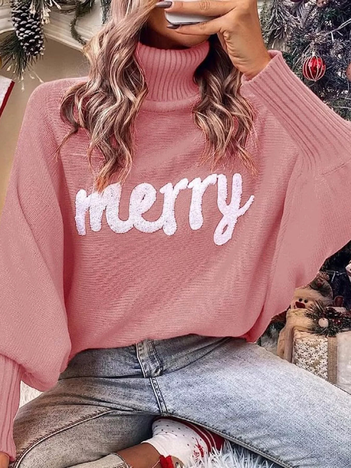 Merry Turtleneck Long Sleeve Christmas Sweater