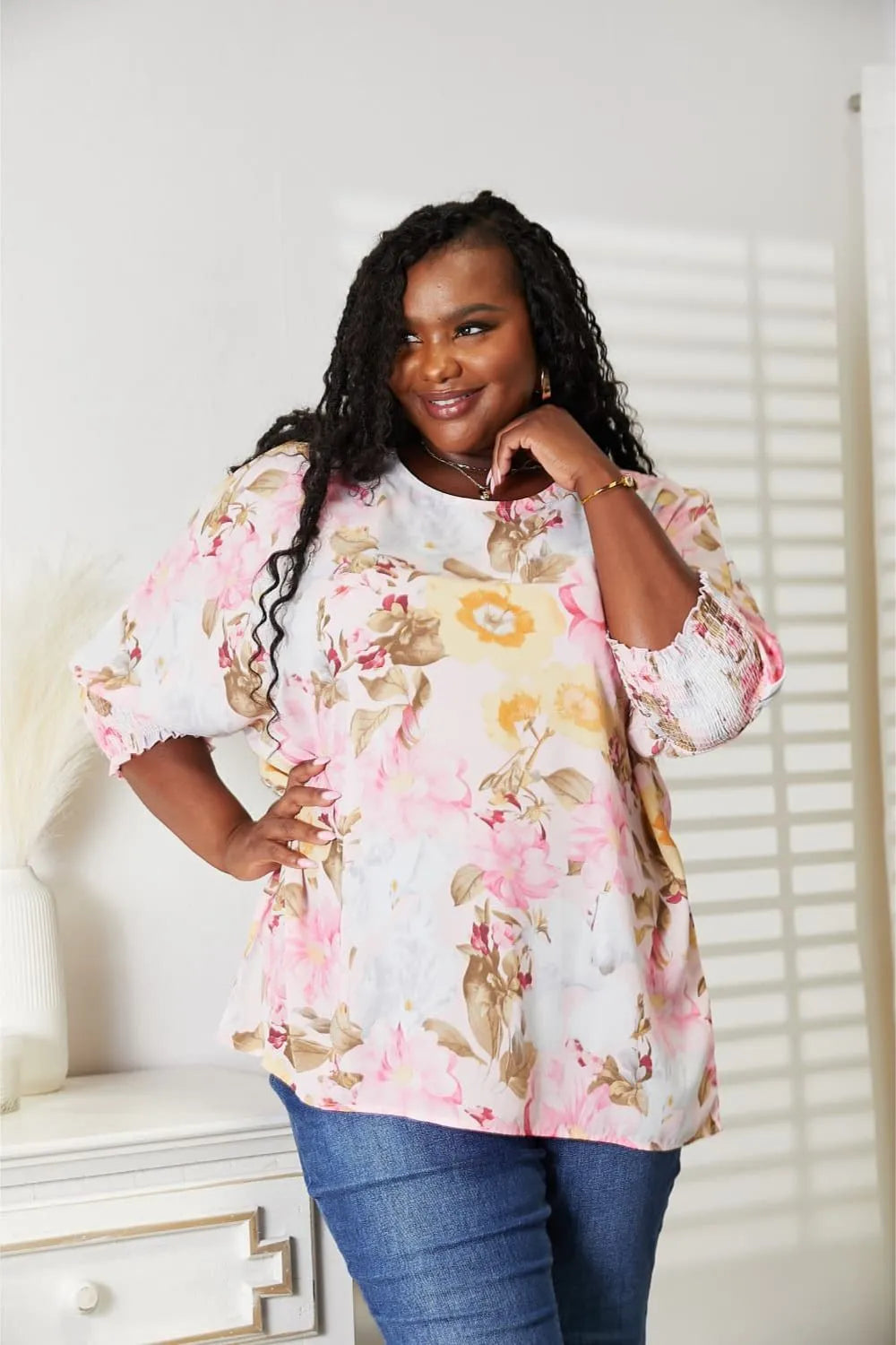 Top de cuello redondo con manga tres cuartos y estampado floral de Double Take