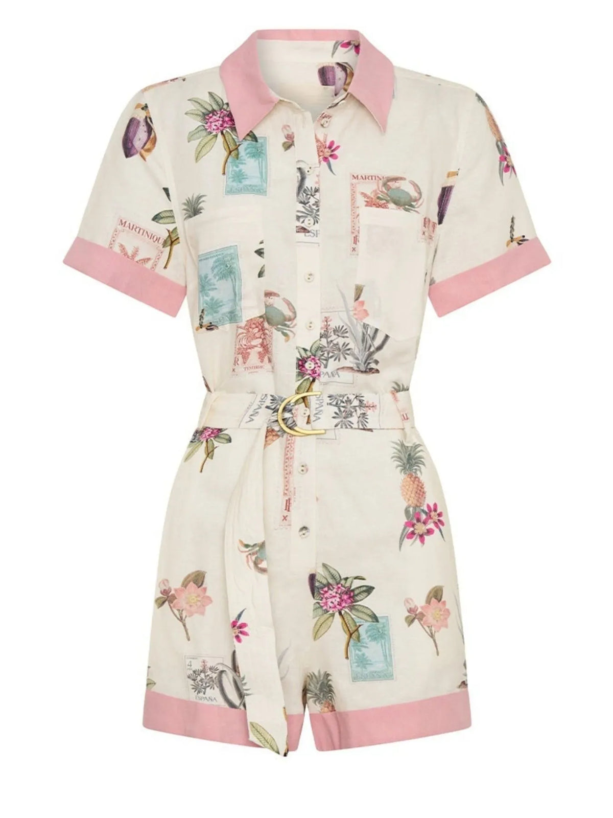 Printed Short Sleeve Romper with Belt