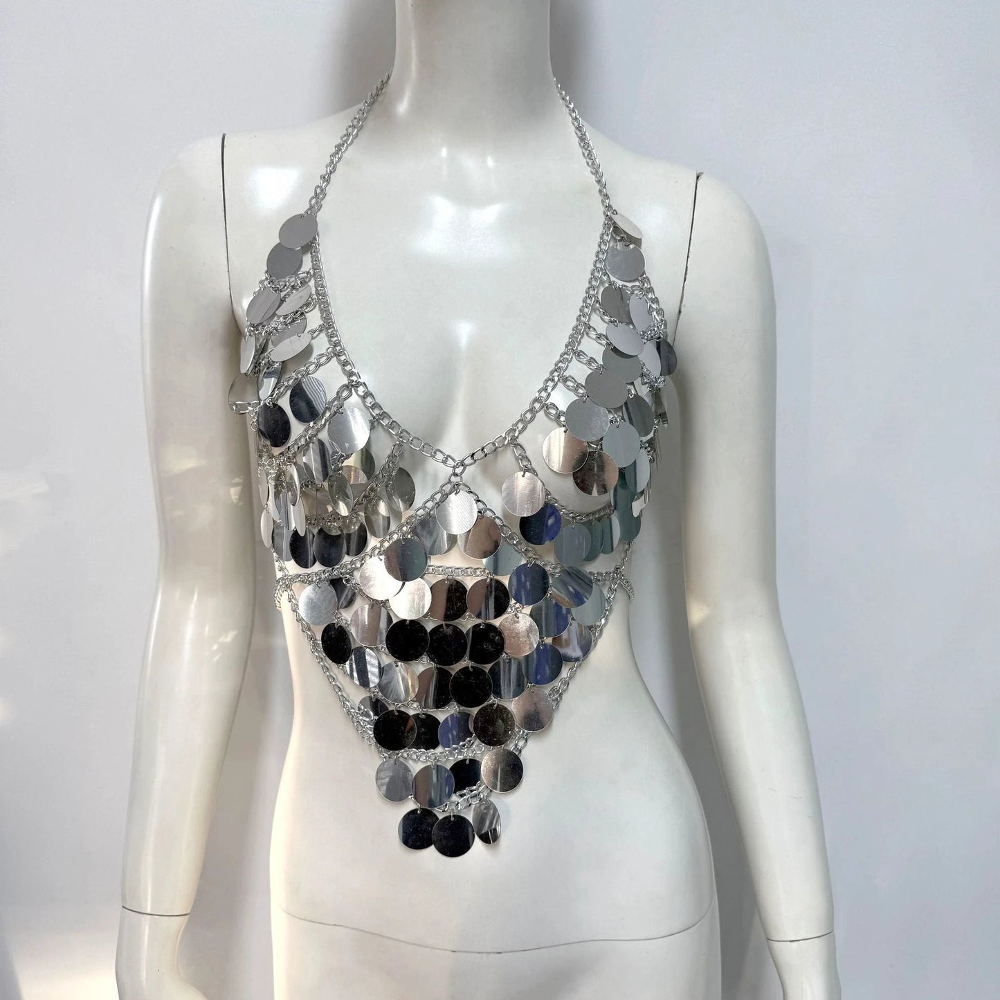 Women's Fishnet Sequin Stitching Halterneck Vest
