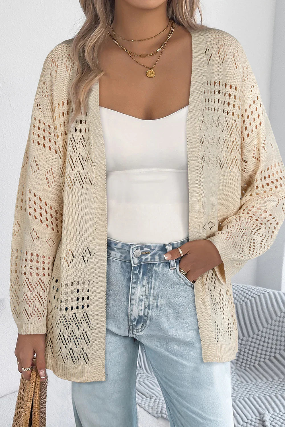 Smoke Gray Solid Color Hollow Knit Cardigan