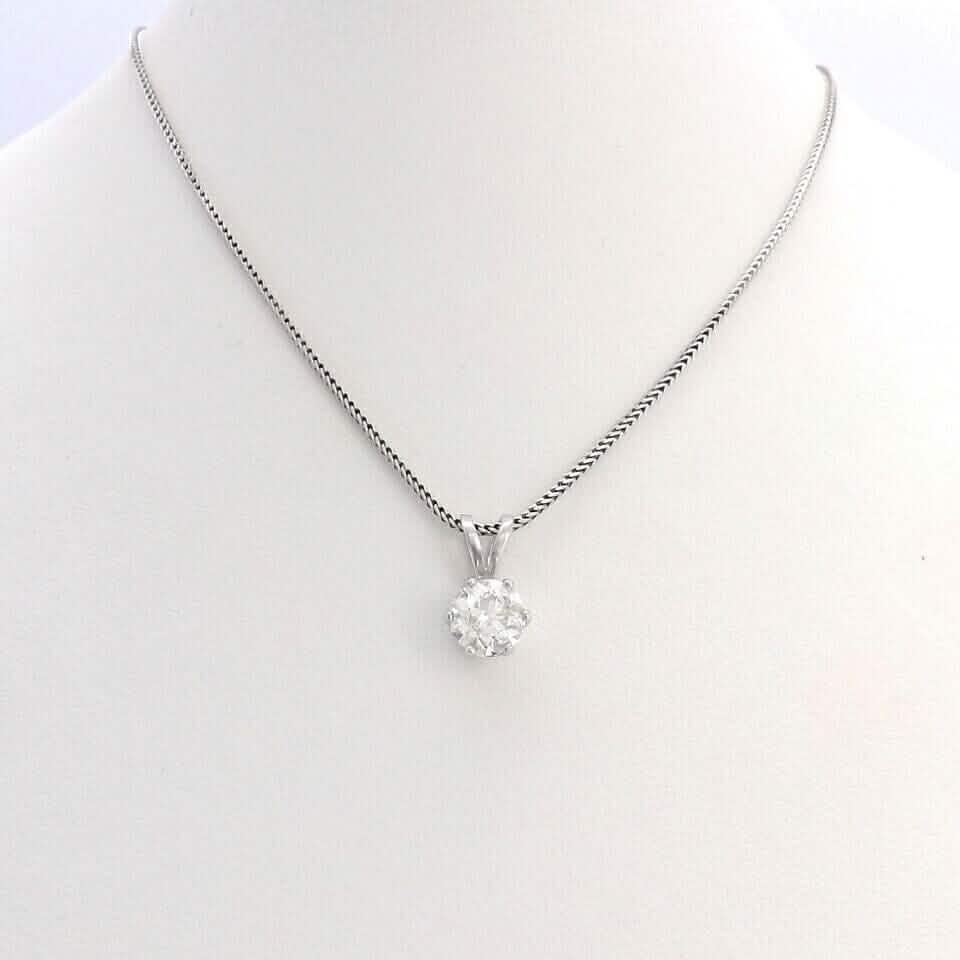 14K White Gold 1Ct Round European Cut Solitaire Diamond Pendant Necklace