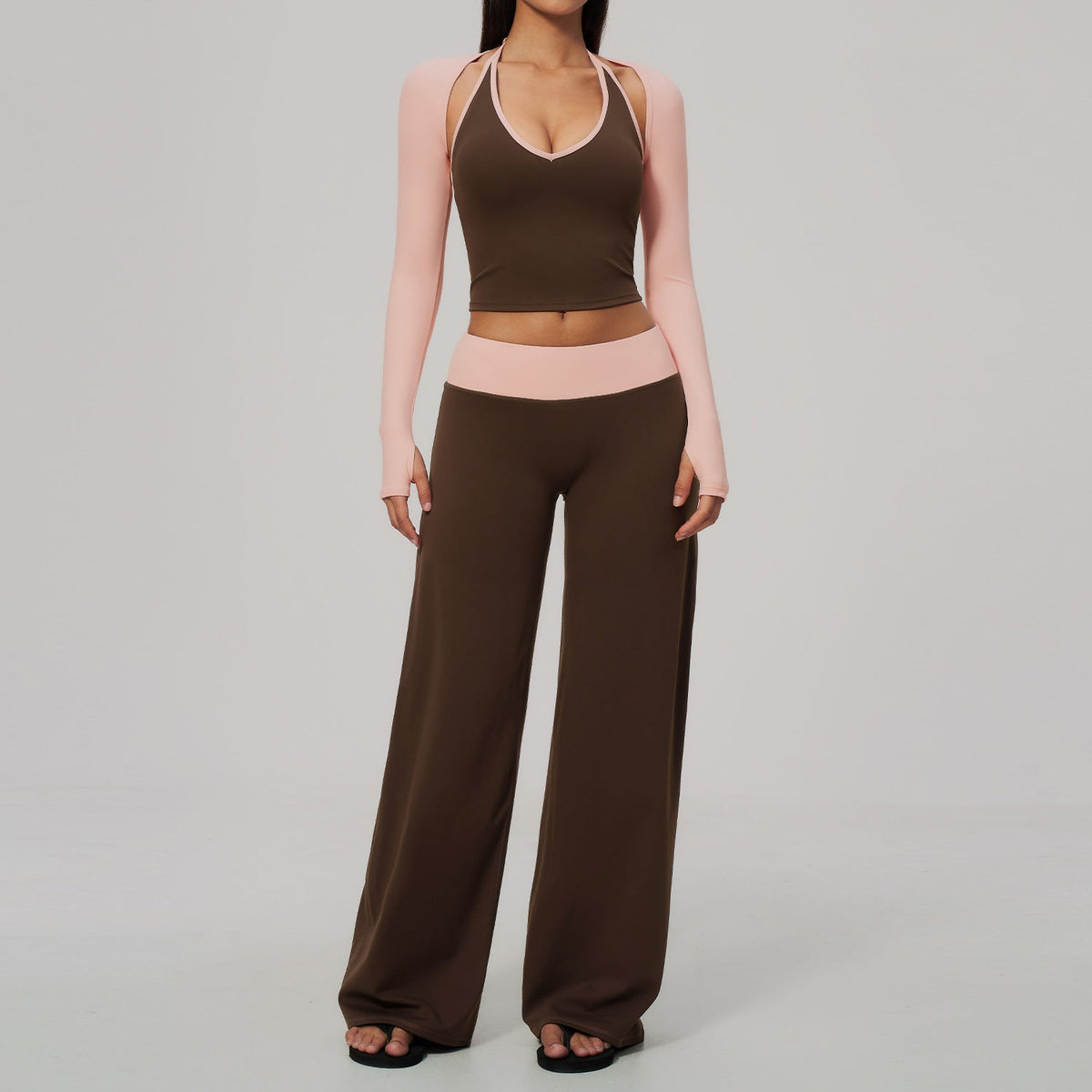 High-Waisted Tummy-Control Long-Sleeve Blouse Yoga Three-Piece Set