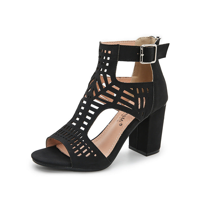 Women's Hollow Peep Toe Block Heel Sandals