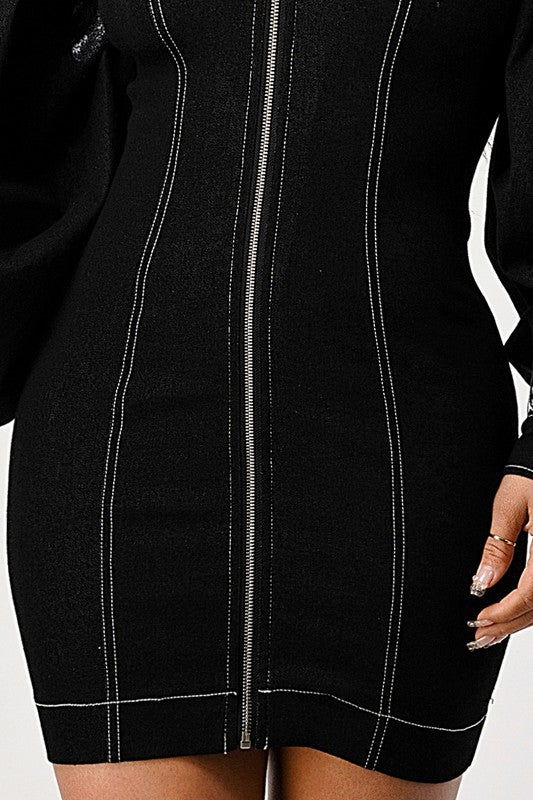 Vestido vaquero negro teñido con cremallera y manga. Consulta la tabla de tallas en "más detalles".
