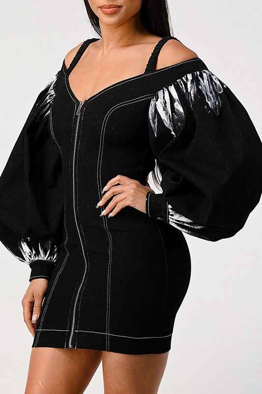 Vestido vaquero negro teñido con cremallera y manga. Consulta la tabla de tallas en "más detalles".