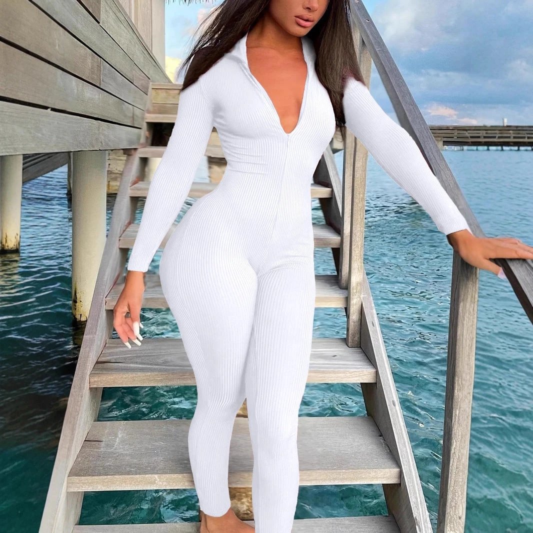 Casual Ribbed Zip-up Jumpsuit Long Sleeves