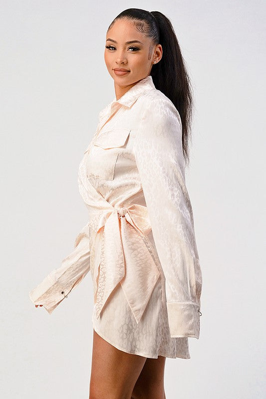 Leopard print wrap double pocket shirt dress See size chart under “more details”