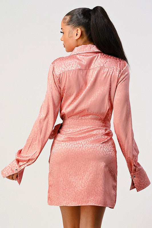 Leopard print wrap double pocket shirt dress See size chart under “more details”