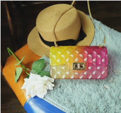 Ins super fire transparent mini bag female summer new jelly chain bag gradient wild Messenger bag See size chart under “more details”