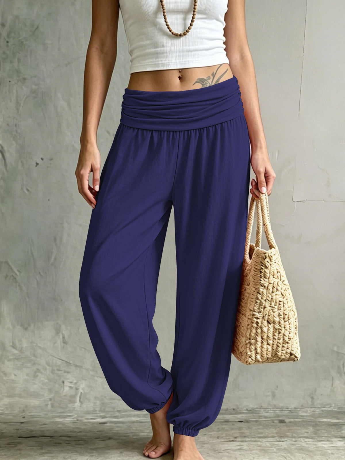 Summer Women Fold Over Waist Joggers, Soft Stretchy Loose Harem Pants Casual Daily Lounge Tapered Sweat Pants