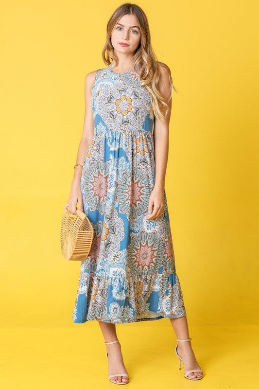 Vestido sin mangas estampado con dobladillo con volantes y largo de té. Consulta la tabla de tallas en "más detalles".