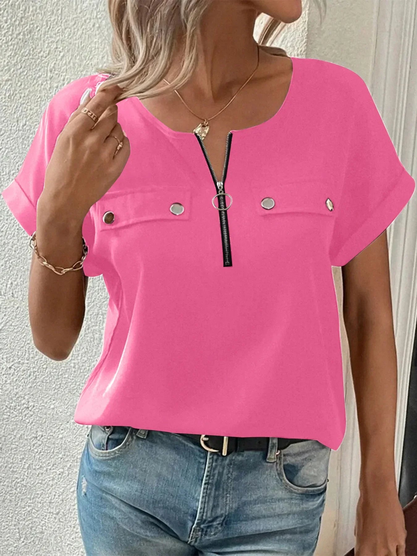 Casual Zipper Front Short Sleeve Blouse