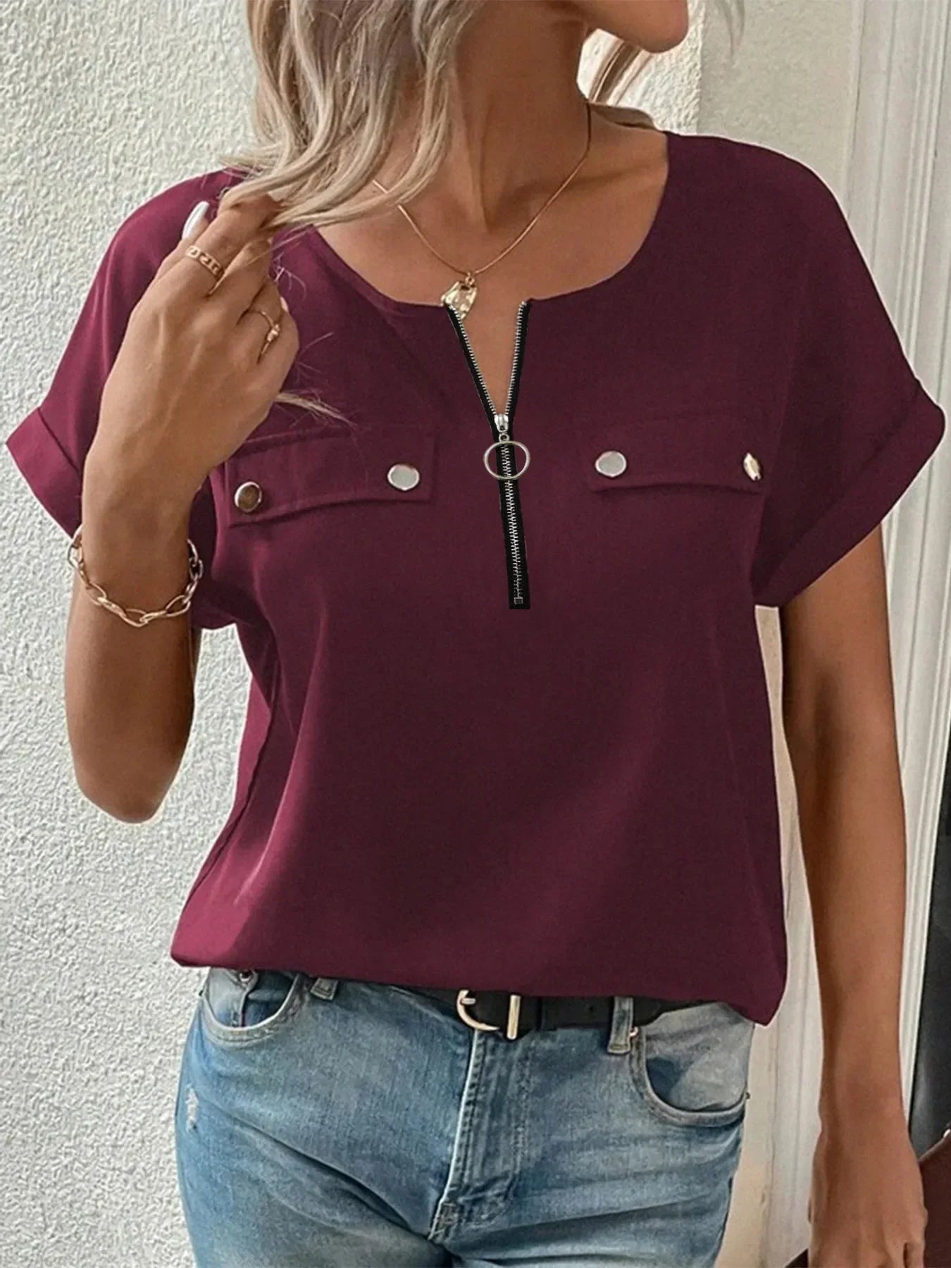 Casual Zipper Front Short Sleeve Blouse