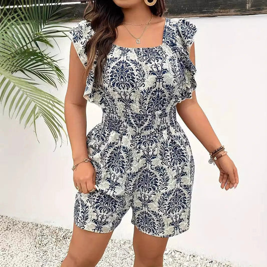 Plus Size Printed Sleeveless Smocking Fitted Waist Backless Vacation Style Jumpsuit